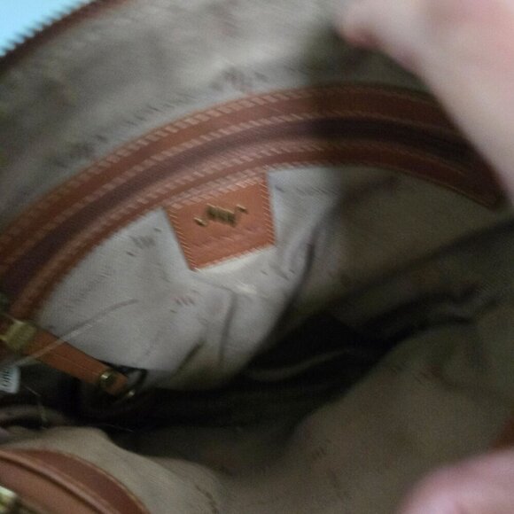 Monsac Vintage Brown Leather Double Handle Logo Bag Charm Tote Shoulder Bag - Picture 7 of 8